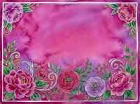 Watercolor floral frame with pink peonies, roses, and green leaves on vibrant magenta background, copy space for greeting cards.