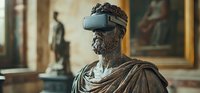 Ancient marble bust of bearded man wearing modern VR headset in museum setting against classical art background, merging past with future technology.