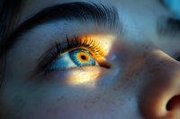 Close-up of female eye with striking blue and golden iris, illuminated by warm light, showcasing detailed eyelashes and skin texture for beauty and vision concepts.