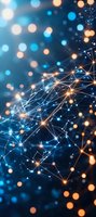 Abstract network connections with glowing nodes and lines on dark blue background with bokeh light effects, representing digital technology and connectivity.
