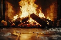 Warm fireplace with burning logs and bright flames creating cozy atmosphere for winter evenings at home.