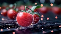 Fresh red tomatoes with water drops on dark surface against blurred bokeh lights background, macro food photography with artistic lighting effect.