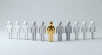 Golden figure standing out among white figures representing leadership, uniqueness, and business success concepts for corporate presentations.