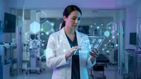 Female doctor using futuristic holographic interface technology in modern medical laboratory for healthcare innovation and digital medicine research.