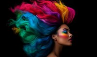Woman with vibrant rainbow hair flowing against black background, showcasing colorful makeup and profile view for beauty and fashion industry use.