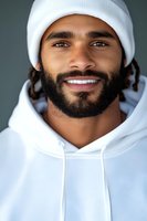 Young African American man with dreadlocks and beard wearing white beanie hat and hoodie smiling confidently at camera against gray background.