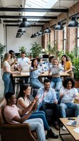 Diverse team of young professionals collaborating in modern industrial office space with exposed brick walls, pendant lighting and natural skylight atmosphere.