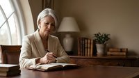 Senior Caucasian businesswoman in beige suit writing notes at wooden desk in elegant office interior with natural window light and books.