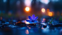 Glowing blue butterfly resting on wet surface at dusk with blurred bokeh lights creating magical atmosphere, nature macro photography.