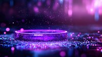 Glowing purple neon ring with sparkles and bokeh effects on dark background creates futuristic atmosphere with magical light reflections and particles.