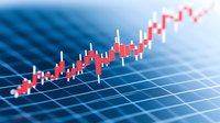 Red candlestick chart showing upward market trend on blue grid background with selective focus, representing stock market growth and financial analysis.