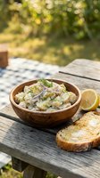 Potato salad with fresh dill and red onion served in wooden bowl outdoors on rustic table with lemon slices and toasted bread for summer dining.