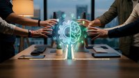 Diverse team collaborating around glowing AI brain and gear hologram on office table, symbolizing artificial intelligence teamwork and innovation.