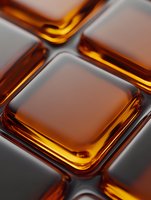 Amber glass cubes with glossy reflective surfaces creating geometric pattern for modern design and luxury branding applications.