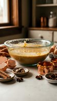 Fresh cake batter in glass bowl with broken eggshells and warm spices on kitchen counter ready for homemade baking and cooking preparation.