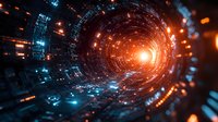 Futuristic digital tunnel with glowing orange light at end, surrounded by blue technological patterns and particles creating depth perspective effect.