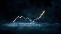 Glowing financial chart line rising dramatically against dark moody background with textured surface, representing market growth and business success.