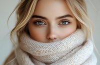 Close up portrait of young blonde woman with blue eyes wrapped in cozy white knit scarf. Soft natural makeup and glowing skin create gentle winter mood.