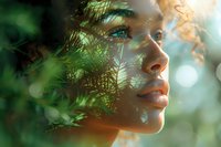 Young African American woman with serene expression amid green foliage, sunlight creating natural bokeh effect through leaves, profile view showing natural beauty.
