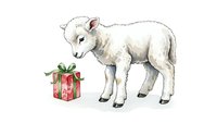 Adorable white lamb with Christmas gift box watercolor illustration isolated on white background for holiday greeting cards and seasonal designs.