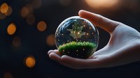 Crystal ball with green moss and small plant held in female hand against dark background with golden bokeh lights creating magical atmosphere.