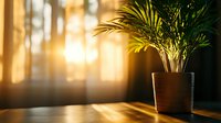 Elegant palm plant in ceramic pot on wooden surface with dramatic sunlight streaming through window, creating warm golden atmosphere and shadow patterns.