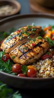 Grilled chicken breast with golden-brown char marks served on quinoa with cherry tomatoes and fresh herbs. Healthy protein-rich meal on dark ceramic plate.