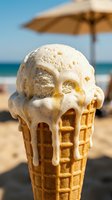 Vanilla ice cream cone with melting scoop on sandy beach with ocean, umbrella and clear sky, perfect for summer refreshment and dessert concepts.