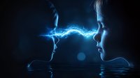 Mystical connection between two silhouettes with glowing electric light stream against dark background, reflection in water surface creates ethereal atmosphere.