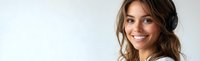 Young attractive woman with wavy brown hair smiling warmly at camera wearing white top against light background for lifestyle and portrait concepts.