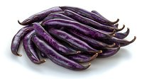Fresh purple string beans arranged in pile showing natural texture and vibrant color on white background, isolated organic produce for healthy eating and cooking designs.