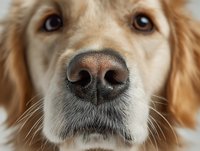 Close-up portrait of golden retriever dog nose and eyes showing detailed facial features and expression for pet care veterinary advertising content.