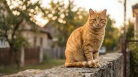 Ginger tabby cat sitting on a stone wall outdoors at sunset, with a blurred village background and warm golden light.