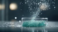 Magical turquoise effervescent tablet dissolving in clear glass container with sparkling bubbles and powder particles creating dynamic fizzy reaction effect.