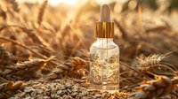 Glass dropper bottle with golden serum among wheat ears in warm sunlight. Natural skincare product photography highlighting organic ingredients and luxury cosmetics.