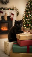 Black kitten sitting on stack of wrapped holiday gifts with fireplace and decorated tree in background, festive seasonal celebration scene.