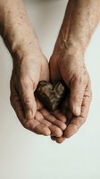 Elderly hands gently holding wooden heart with natural grain patterns, symbolizing love, care and protection in warm intimate setting.