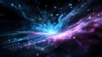 Cosmic nebula with vibrant blue and purple colors swirling in deep space, creating dynamic energy waves among glowing stars and celestial particles in dark universe.