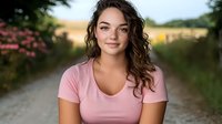 Young woman with curly brown hair wearing pink t-shirt smiling at camera on rural path during golden hour, natural beauty portrait with soft bokeh background and warm lighting.