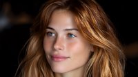 Young woman with auburn hair and natural makeup smiling confidently against dark background, soft lighting highlights facial features and creates dramatic portrait mood.