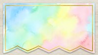 Pastel watercolor banner with gold frame, featuring soft rainbow hues in pink, blue, yellow and mint, isolated on white background.