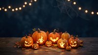 Carved jack-o-lantern pumpkins with glowing faces arranged on wooden surface against dark background with string lights and autumn foliage for seasonal decorations.