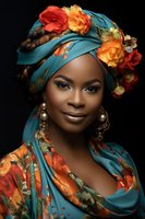 African woman wearing colorful floral headwrap and traditional dress with gold earrings against dark background for cultural fashion portrait.