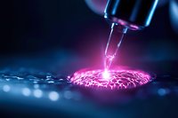 Macro shot of precision liquid dispensing with glowing pink fluorescent droplet creating ripple effect on dark surface against blue background with bokeh lights.