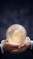 Businessman hands holding glowing globe with network connections representing global business, technology innovation and worldwide communication solutions.