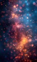 Magical bokeh lights on dark blue background with orange and red glowing particles creating dreamy atmospheric effect for festive designs.
