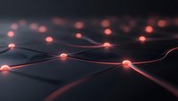 Glowing red nodes connected by illuminated lines create abstract network visualization on dark background, representing digital connectivity and data flow.