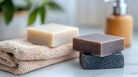 Natural handmade soap bars in white, brown and charcoal colors arranged on beige towel against marble bathroom counter with green plant and dispenser.