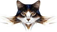 Mystical cat face with cosmic elements and starry patterns in brown and dark blue tones, featuring detailed whiskers and penetrating golden eyes on white background.