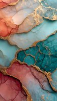 Abstract alcohol ink art with gold foil accents in coral, teal and burgundy colors creating organic flowing patterns for luxury design projects.